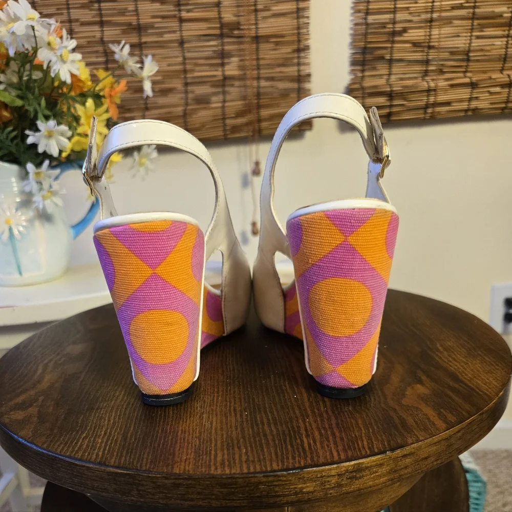 White Patent Leather Wedge with Pink Orange 70's Vibes